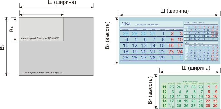 Размеры календарных блоков для квартальных календарей односекционных на одной пружине