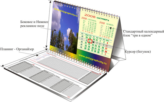 Календарь настольный двухсекционный Планинг со стандартной календарной сеткой Три в одном  с боковым и нижним рекламным полем